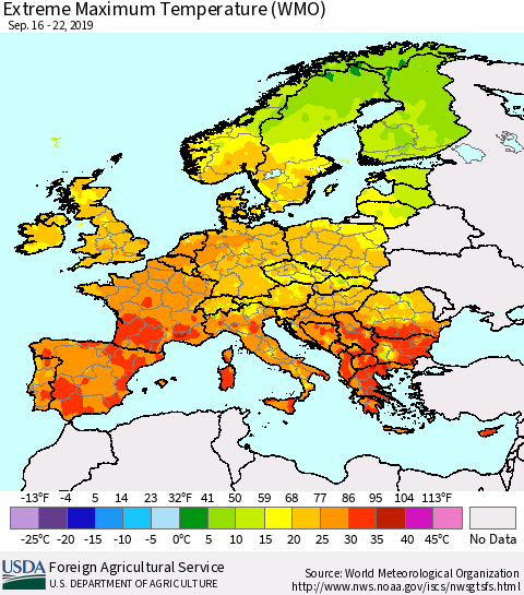 Europe Maximum Daily Temperature (WMO) Thematic Map For 9/16/2019 - 9/22/2019