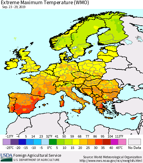 Europe Maximum Daily Temperature (WMO) Thematic Map For 9/23/2019 - 9/29/2019