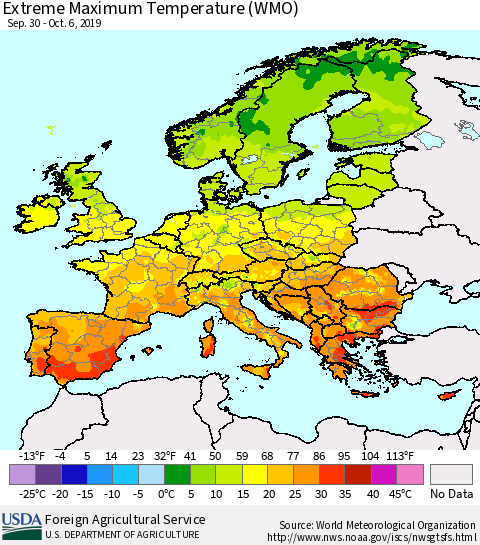 Europe Maximum Daily Temperature (WMO) Thematic Map For 9/30/2019 - 10/6/2019