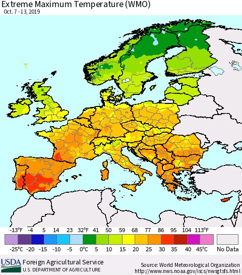 Europe Maximum Daily Temperature (WMO) Thematic Map For 10/7/2019 - 10/13/2019
