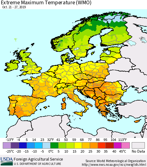 Europe Maximum Daily Temperature (WMO) Thematic Map For 10/21/2019 - 10/27/2019