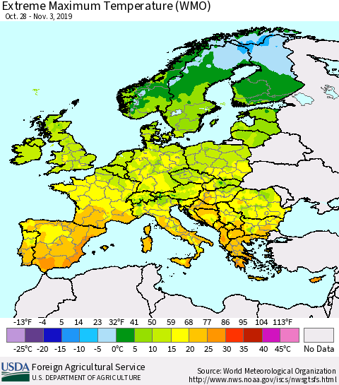 Europe Maximum Daily Temperature (WMO) Thematic Map For 10/28/2019 - 11/3/2019