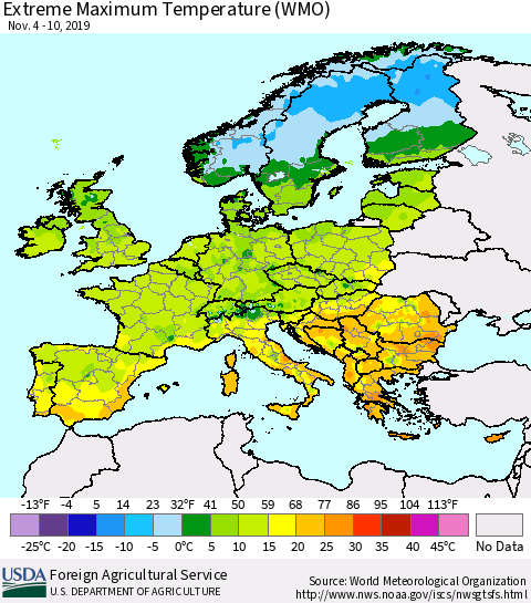 Europe Maximum Daily Temperature (WMO) Thematic Map For 11/4/2019 - 11/10/2019