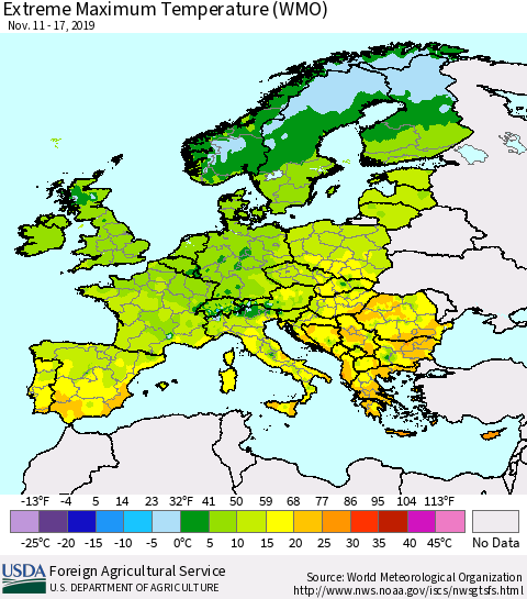 Europe Maximum Daily Temperature (WMO) Thematic Map For 11/11/2019 - 11/17/2019