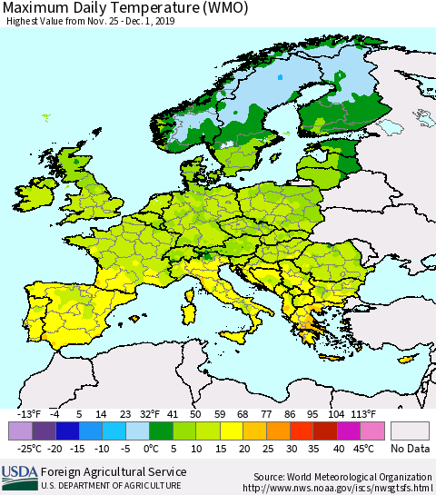 Europe Maximum Daily Temperature (WMO) Thematic Map For 11/25/2019 - 12/1/2019