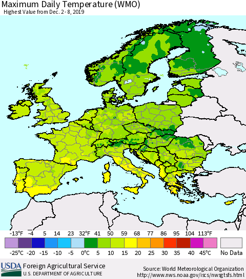 Europe Maximum Daily Temperature (WMO) Thematic Map For 12/2/2019 - 12/8/2019