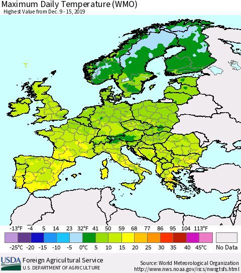Europe Maximum Daily Temperature (WMO) Thematic Map For 12/9/2019 - 12/15/2019