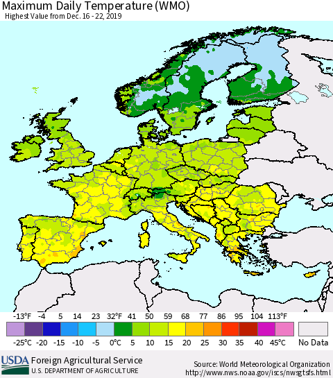 Europe Maximum Daily Temperature (WMO) Thematic Map For 12/16/2019 - 12/22/2019