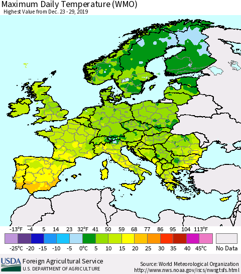 Europe Maximum Daily Temperature (WMO) Thematic Map For 12/23/2019 - 12/29/2019