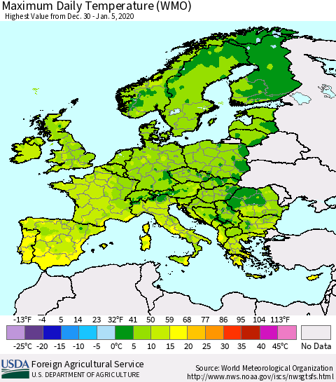 Europe Maximum Daily Temperature (WMO) Thematic Map For 12/30/2019 - 1/5/2020