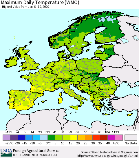 Europe Maximum Daily Temperature (WMO) Thematic Map For 1/6/2020 - 1/12/2020