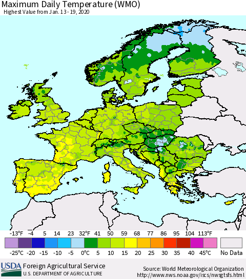 Europe Maximum Daily Temperature (WMO) Thematic Map For 1/13/2020 - 1/19/2020
