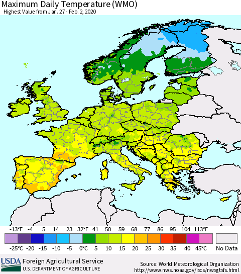 Europe Maximum Daily Temperature (WMO) Thematic Map For 1/27/2020 - 2/2/2020