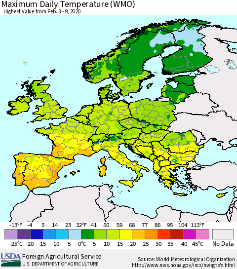 Europe Maximum Daily Temperature (WMO) Thematic Map For 2/3/2020 - 2/9/2020