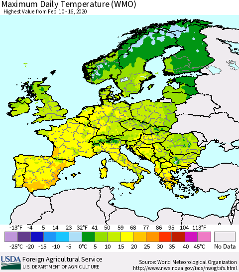 Europe Maximum Daily Temperature (WMO) Thematic Map For 2/10/2020 - 2/16/2020