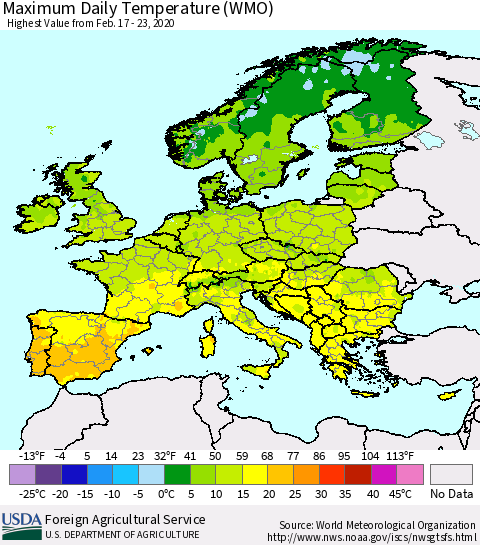 Europe Maximum Daily Temperature (WMO) Thematic Map For 2/17/2020 - 2/23/2020