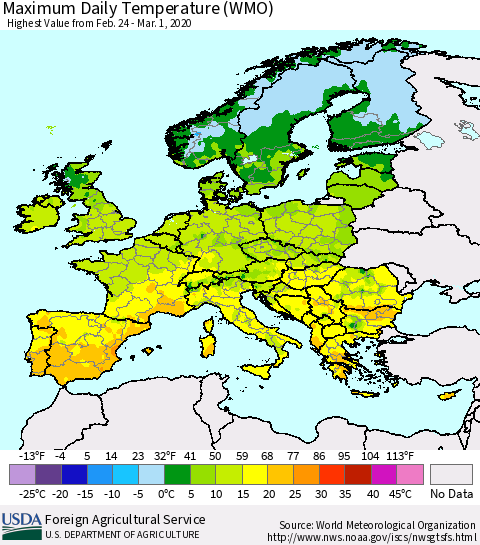 Europe Maximum Daily Temperature (WMO) Thematic Map For 2/24/2020 - 3/1/2020