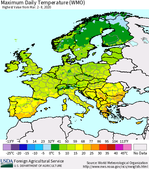 Europe Maximum Daily Temperature (WMO) Thematic Map For 3/2/2020 - 3/8/2020