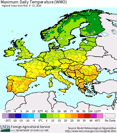 Europe Maximum Daily Temperature (WMO) Thematic Map For 3/9/2020 - 3/15/2020