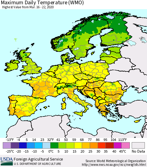 Europe Maximum Daily Temperature (WMO) Thematic Map For 3/16/2020 - 3/22/2020