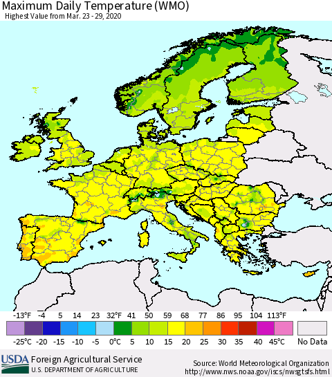 Europe Maximum Daily Temperature (WMO) Thematic Map For 3/23/2020 - 3/29/2020