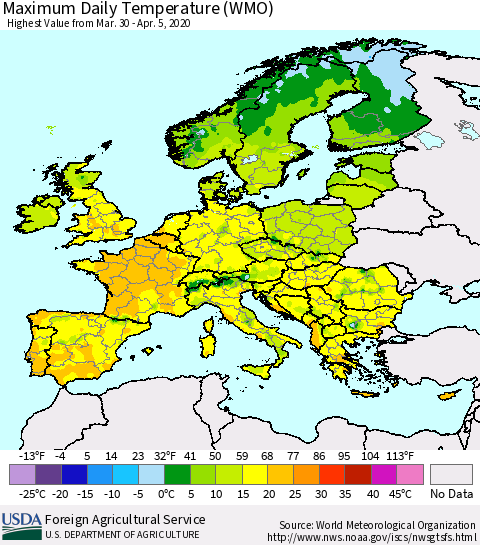 Europe Maximum Daily Temperature (WMO) Thematic Map For 3/30/2020 - 4/5/2020