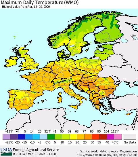 Europe Maximum Daily Temperature (WMO) Thematic Map For 4/13/2020 - 4/19/2020