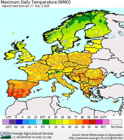 Europe Maximum Daily Temperature (WMO) Thematic Map For 4/27/2020 - 5/3/2020
