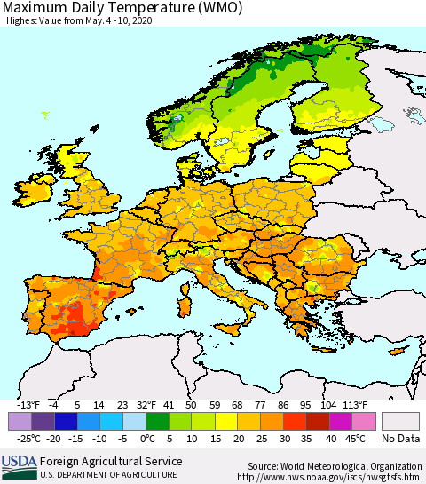 Europe Maximum Daily Temperature (WMO) Thematic Map For 5/4/2020 - 5/10/2020
