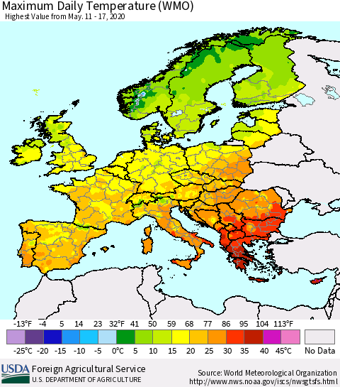 Europe Maximum Daily Temperature (WMO) Thematic Map For 5/11/2020 - 5/17/2020