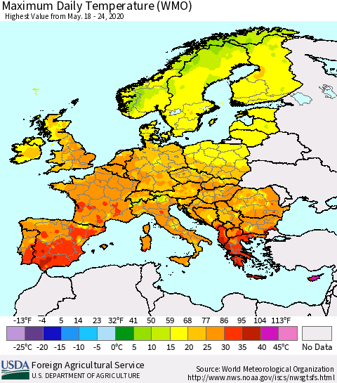 Europe Maximum Daily Temperature (WMO) Thematic Map For 5/18/2020 - 5/24/2020