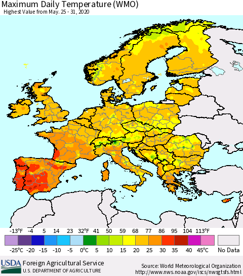 Europe Maximum Daily Temperature (WMO) Thematic Map For 5/25/2020 - 5/31/2020