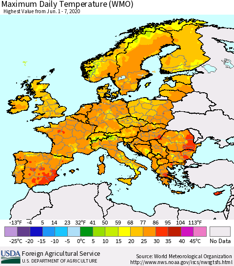 Europe Maximum Daily Temperature (WMO) Thematic Map For 6/1/2020 - 6/7/2020