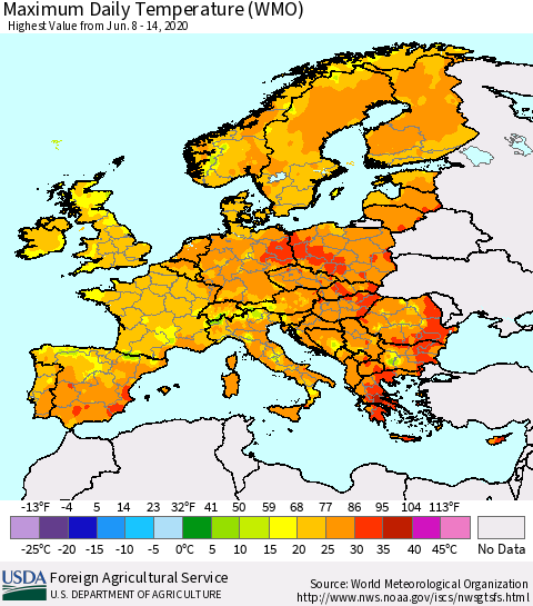 Europe Maximum Daily Temperature (WMO) Thematic Map For 6/8/2020 - 6/14/2020