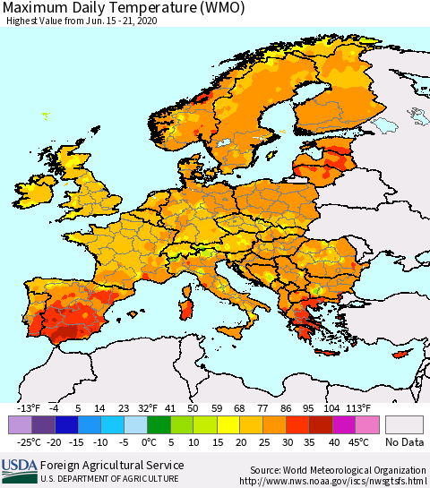 Europe Maximum Daily Temperature (WMO) Thematic Map For 6/15/2020 - 6/21/2020