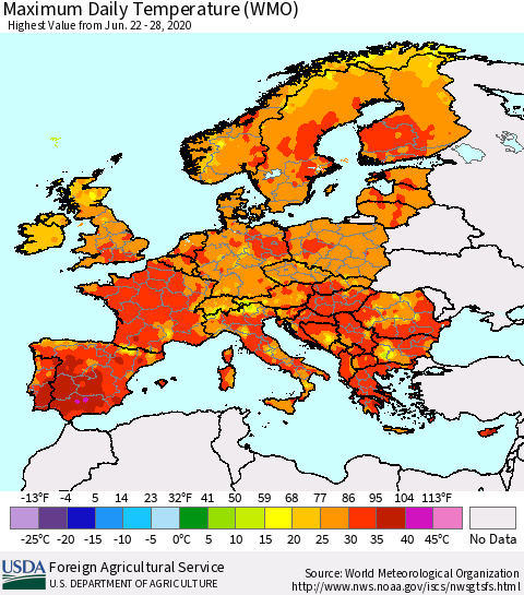 Europe Maximum Daily Temperature (WMO) Thematic Map For 6/22/2020 - 6/28/2020