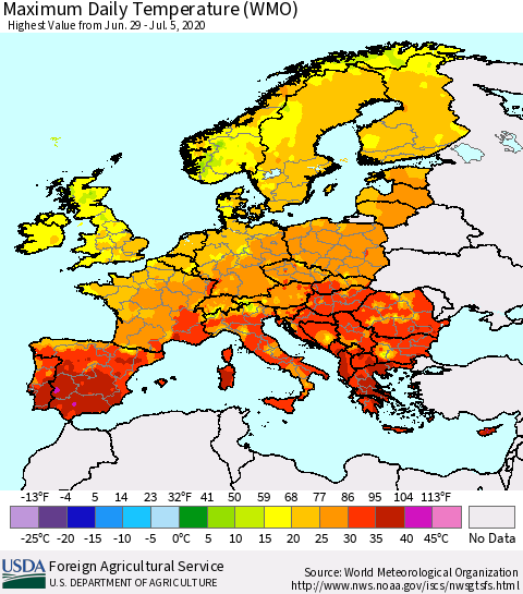 Europe Maximum Daily Temperature (WMO) Thematic Map For 6/29/2020 - 7/5/2020