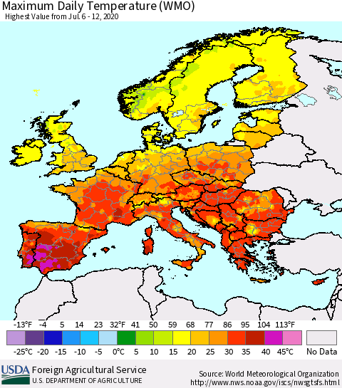 Europe Maximum Daily Temperature (WMO) Thematic Map For 7/6/2020 - 7/12/2020