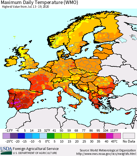 Europe Maximum Daily Temperature (WMO) Thematic Map For 7/13/2020 - 7/19/2020