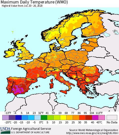 Europe Maximum Daily Temperature (WMO) Thematic Map For 7/20/2020 - 7/26/2020