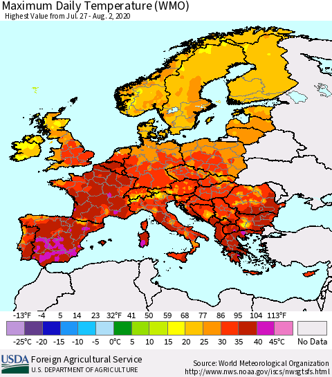 Europe Maximum Daily Temperature (WMO) Thematic Map For 7/27/2020 - 8/2/2020