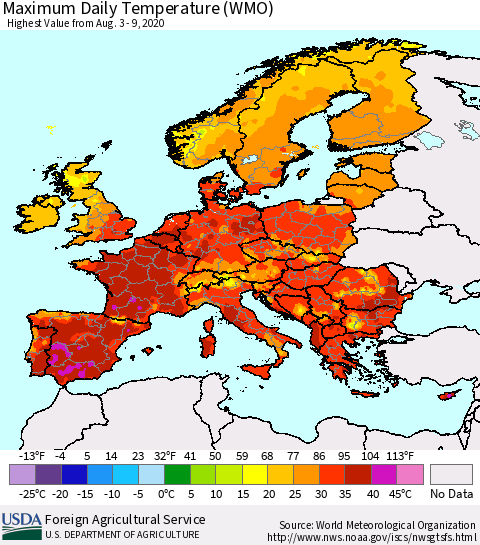 Europe Maximum Daily Temperature (WMO) Thematic Map For 8/3/2020 - 8/9/2020