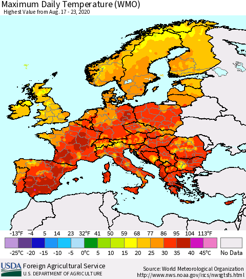 Europe Maximum Daily Temperature (WMO) Thematic Map For 8/17/2020 - 8/23/2020
