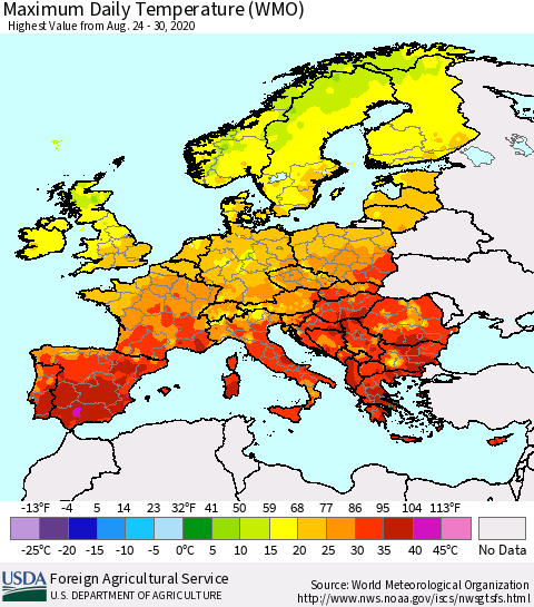 Europe Maximum Daily Temperature (WMO) Thematic Map For 8/24/2020 - 8/30/2020