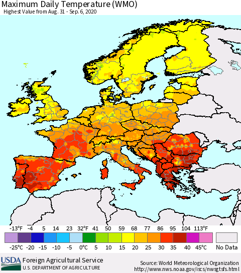 Europe Maximum Daily Temperature (WMO) Thematic Map For 8/31/2020 - 9/6/2020