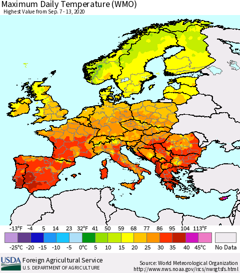 Europe Maximum Daily Temperature (WMO) Thematic Map For 9/7/2020 - 9/13/2020