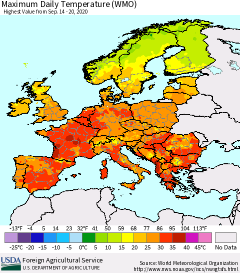 Europe Maximum Daily Temperature (WMO) Thematic Map For 9/14/2020 - 9/20/2020
