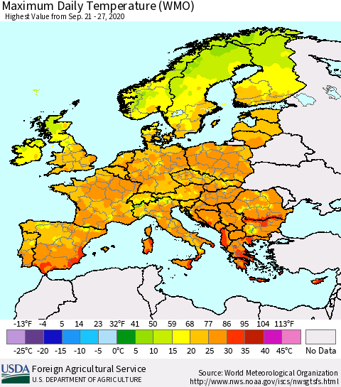 Europe Maximum Daily Temperature (WMO) Thematic Map For 9/21/2020 - 9/27/2020