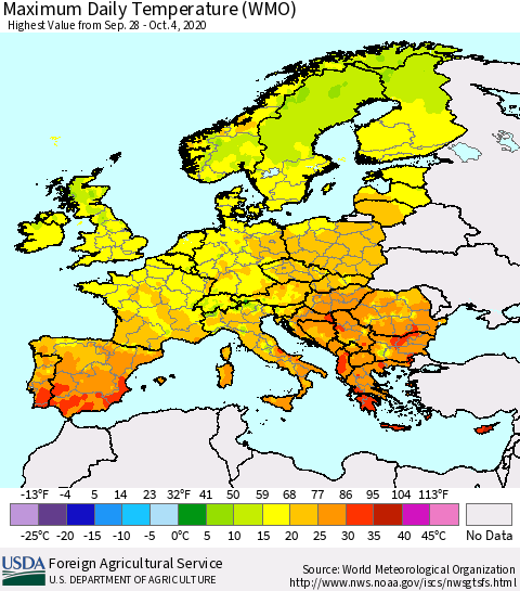 Europe Maximum Daily Temperature (WMO) Thematic Map For 9/28/2020 - 10/4/2020