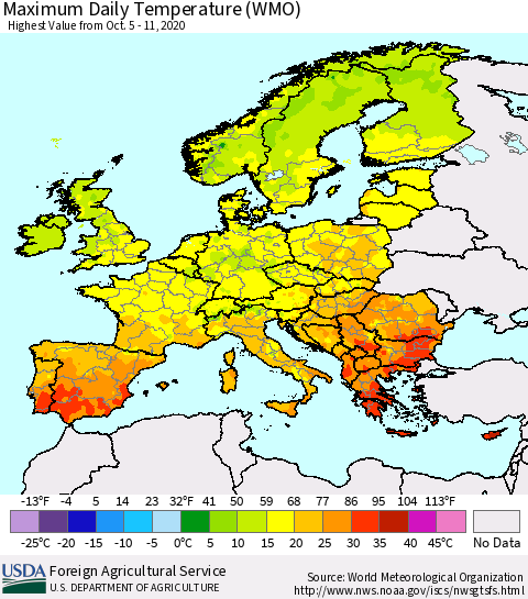 Europe Maximum Daily Temperature (WMO) Thematic Map For 10/5/2020 - 10/11/2020